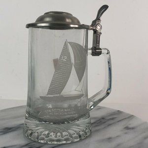 VTG ALWE  Etched Glass Sailboat Beer Stein Mug 12